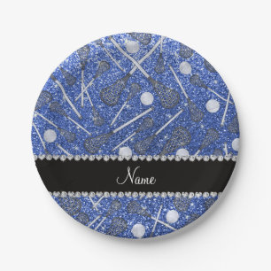 Plato De Papel Nombre personalizado purpurina azul lacrosse stick