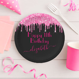 Plato De Papel Nombre personalizado + Purpurina de goteo rosado d