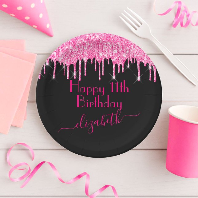 Plato De Papel Nombre personalizado + Purpurina de goteo rosado d (Subido por el creador)