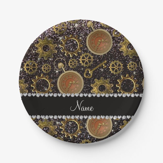 Plato De Papel Nombre personalizado purpurina negro steampunk (Anverso)