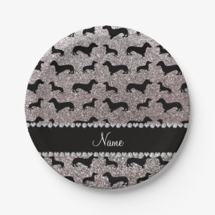 Plato De Papel Nombre personalizado purpurina plateado dachshunds