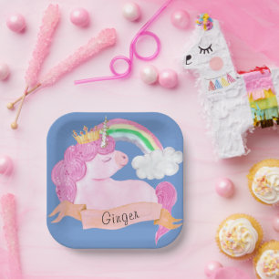Plato De Papel Nombre personalizado 🌈 Rainbow Unicorn