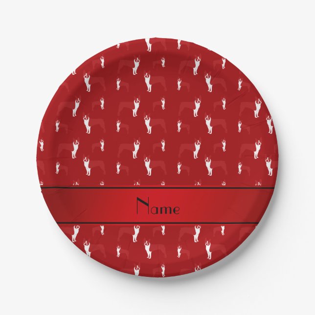 Plato De Papel Nombre personalizado: rojo boston terrier (Anverso)