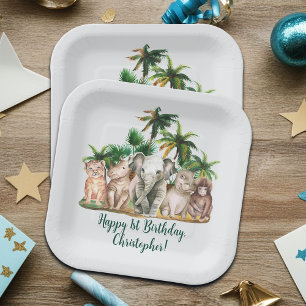 Plato De Papel Nombre personalizado Safari Animales Palmeras Cump