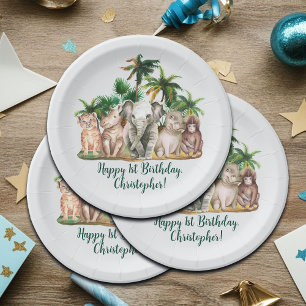 Plato De Papel Nombre personalizado Safari Animales Palmeras Cump