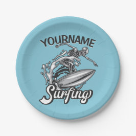 Plato De Papel NOMBRE Personalizado Surfista Big Wave Skeleton Su