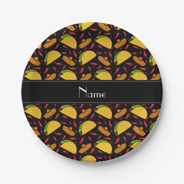 Plato De Papel Nombre personalizado tacos negros sombreros chilis (Anverso)