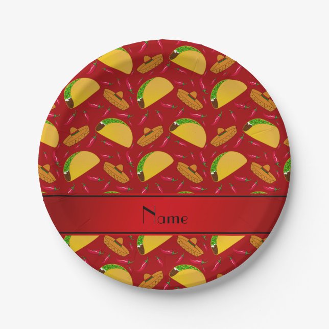 Plato De Papel Nombre personalizado: tacos rojos sombreros chilis (Anverso)