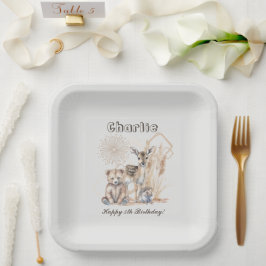 Plato De Papel Nombre personalizado Texto Boho Bosque de Woodland