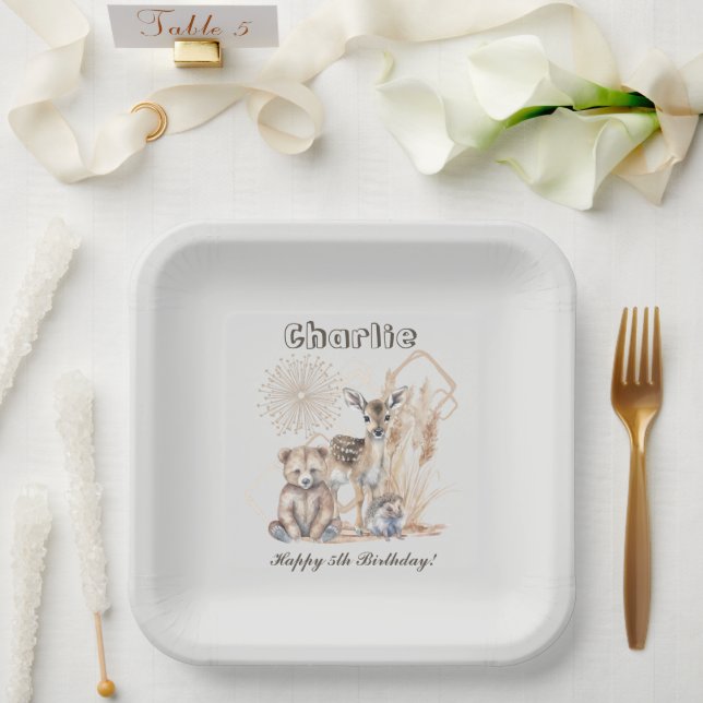 Plato De Papel Nombre personalizado Texto Boho Bosque de Woodland (Boda)