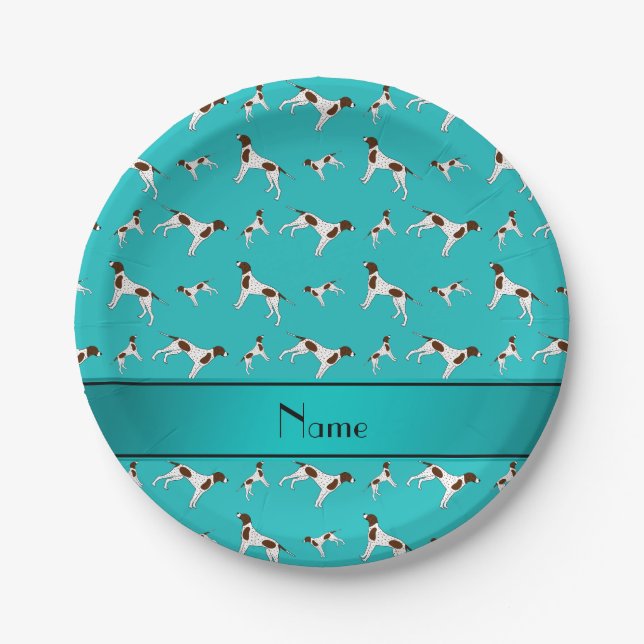 Plato De Papel Nombre personalizado turquesa Perros punteros (Anverso)