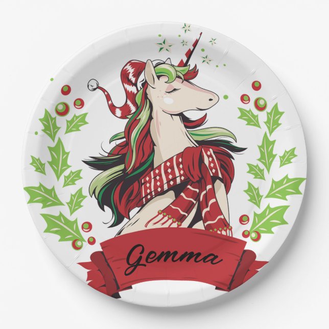 Plato De Papel Nombre personalizado Unicorn Navidades (Anverso)