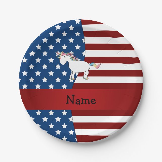 Plato De Papel Nombre personalizado: unicornio patriótico (Anverso)