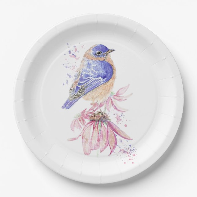 Plato De Papel Nombre personalizado Watercolor Bluebird Garden Bi (Anverso)