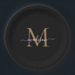 Plato De Papel Nombre simple de guión femenino monograma de oro n<br><div class="desc">Monograma de oro negro simple guión femenino nombre papel</div>