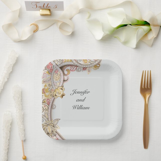 Plato De Papel Nombre sofisticado del Boda floral personalizado (Boda)