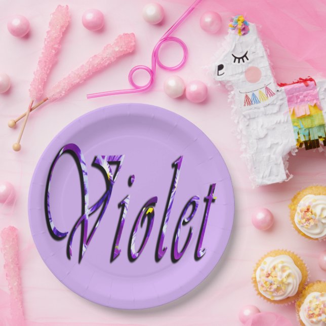 Plato De Papel Nombre violeta morado floral, (Fiesta)