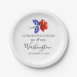 Plato De Papel Nombre y fecha Boda de la amapola roja y azul