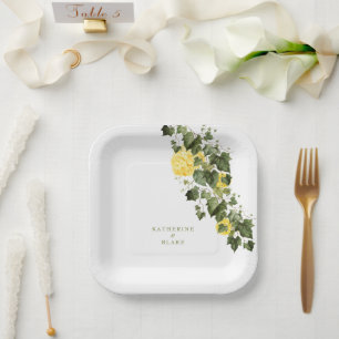 Plato De Papel Nombres de hortensias amarillas acuarela Boda