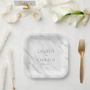 Plato De Papel Nombres de mármol blanco elegante