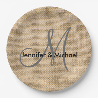Plato De Papel Nombres de novios de Boda de monograma de burlap r