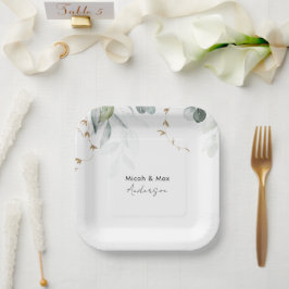 Plato De Papel Nombres de Pareja con Follaje Elegante Blanco