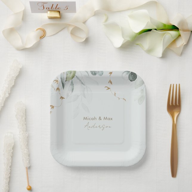 Plato De Papel Nombres de Pareja Elegante Foliage Light Sage (Boda)