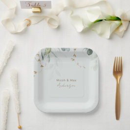 Plato De Papel Nombres de Pareja Elegante Follaje Verde Claro