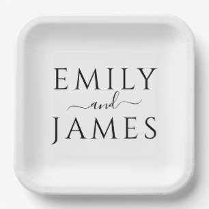 Plato De Papel Nombres de Pareja Minimalista Boda en Blanco y Neg