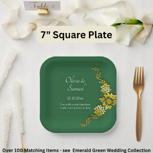 Plato De Papel Nombres Fecha Mensaje Esmeralda Verde y Dorado 7"