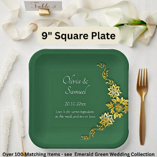 Plato De Papel Nombres Fecha Mensaje Esmeralda Verde y Dorado 9"