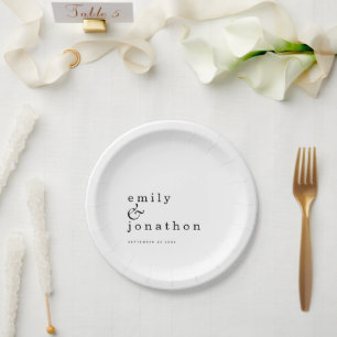Plato De Papel Nombres minimalistas Fecha Boda de texto blanco ne
