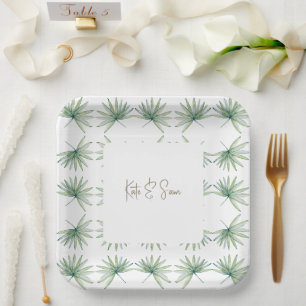 Plato De Papel Nombres personalizados blancos Boda de palma tropi