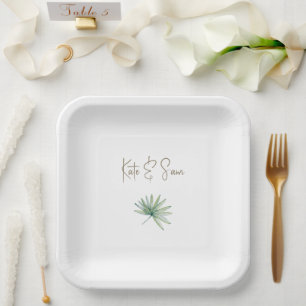 Plato De Papel Nombres personalizados blancos Boda tropical 