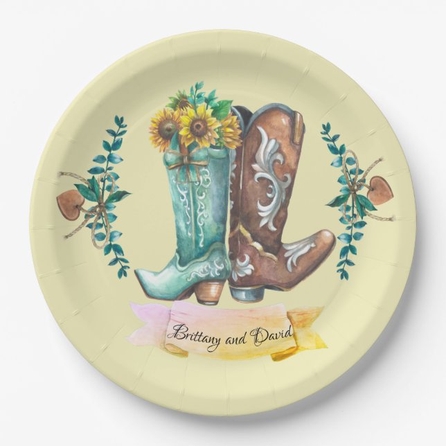 Plato De Papel Nombres personalizados Boots Rustic Cowboy para re (Anverso)