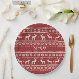 Plato De Papel Nordic Reindeer Knit Pattern Personalized