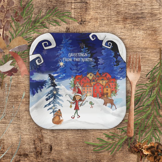 Plato De Papel Nordic Village & Winter Fairy Square Paper Plates (Nordic Village & Winter Fairy Square Paper Plates)