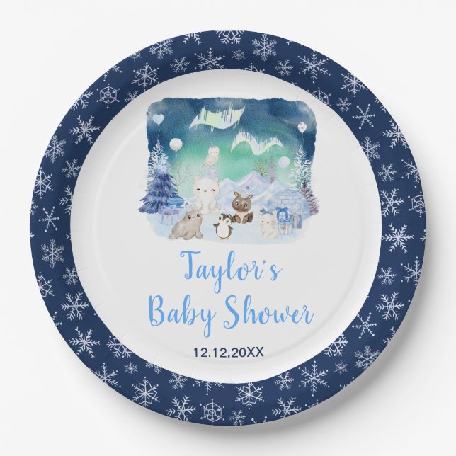 Plato De Papel Northern Lights Arctic Animals Baby Shower (Anverso)