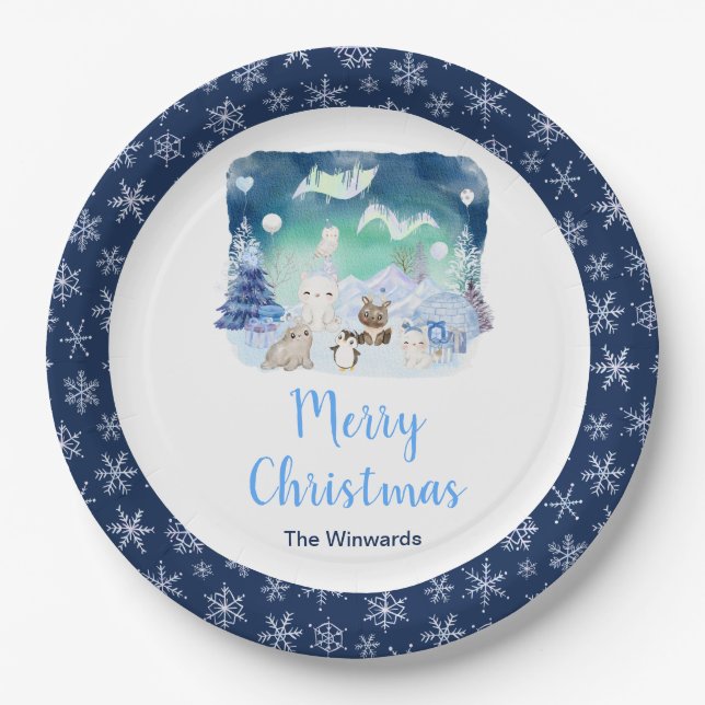 Plato De Papel Northern Lights Arctic Animals Merry Christmas (Anverso)