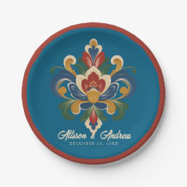 Plato De Papel Noruego Rosemaling Azul Boda