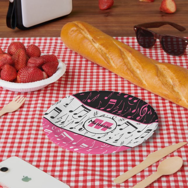 Plato De Papel Notas de música en blanco y rosa negro (Picnic)