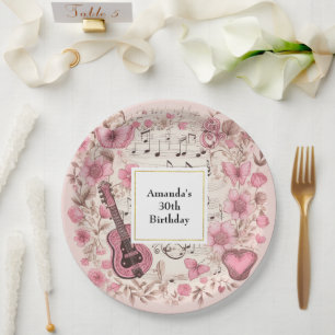 Plato De Papel Notas de música y cumpleaños estilo retro de flore