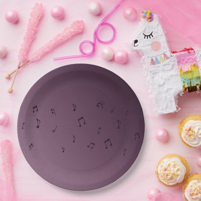 Plato De Papel Notas Musicales Ombre Oscuro  Malva  (Fiesta)