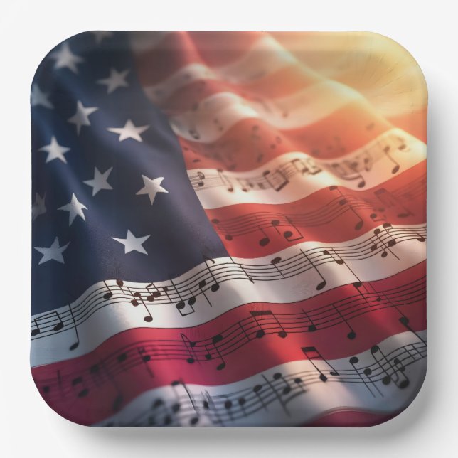 Plato De Papel Notas musicales sobre la bandera estadounidense (Anverso)
