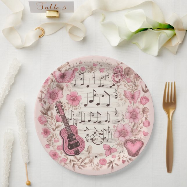 Plato De Papel Notas musicales y flores elegantes (Boda)