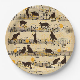 Plato De Papel Notas musicales y gatitos