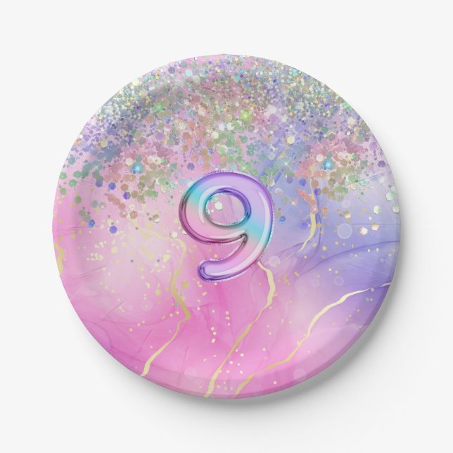 Plato De Papel Novena fiesta de cumpleaños del Purpurina arcoiris (Anverso)