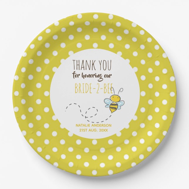 Plato De Papel Novia 2 BEE Cute Amarillo Polkadot Ducha de novia (Anverso)