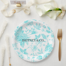 Plato De Papel Novia & Co. Toile Floral Teal Personalizada