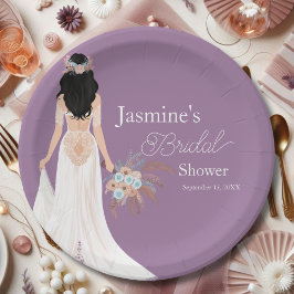 Plato De Papel Novia de Cabello Negro Boho con Flores